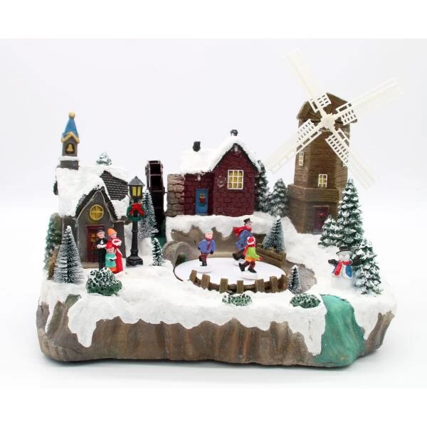 Verlicht Kerstdorp Met Molen - 37 × 25 × 30,5 Cm