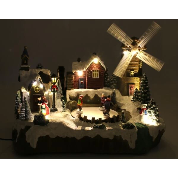 Verlicht Kerstdorp Met Molen - 37 × 25 × 30,5 Cm - Afbeelding 2